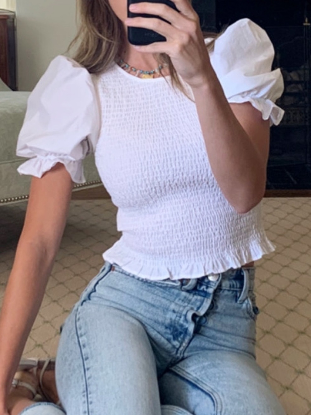 H&M White Cotton Blouse with Smocked Bodice and Puff Sleeves